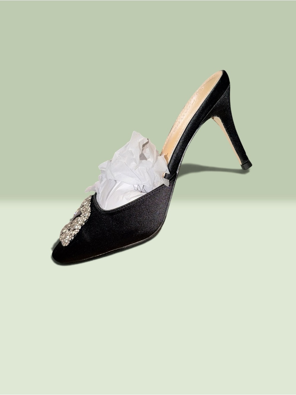 Black Satin Crystal-Embellished High Heel Mule